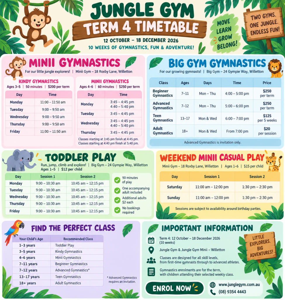 Jungle Gym Term 4 2026 timetable, 12 October–18 December. Kindy and Minii Gymnastics, Big Gym classes, Toddler Play and weekend Minii Casual Play.