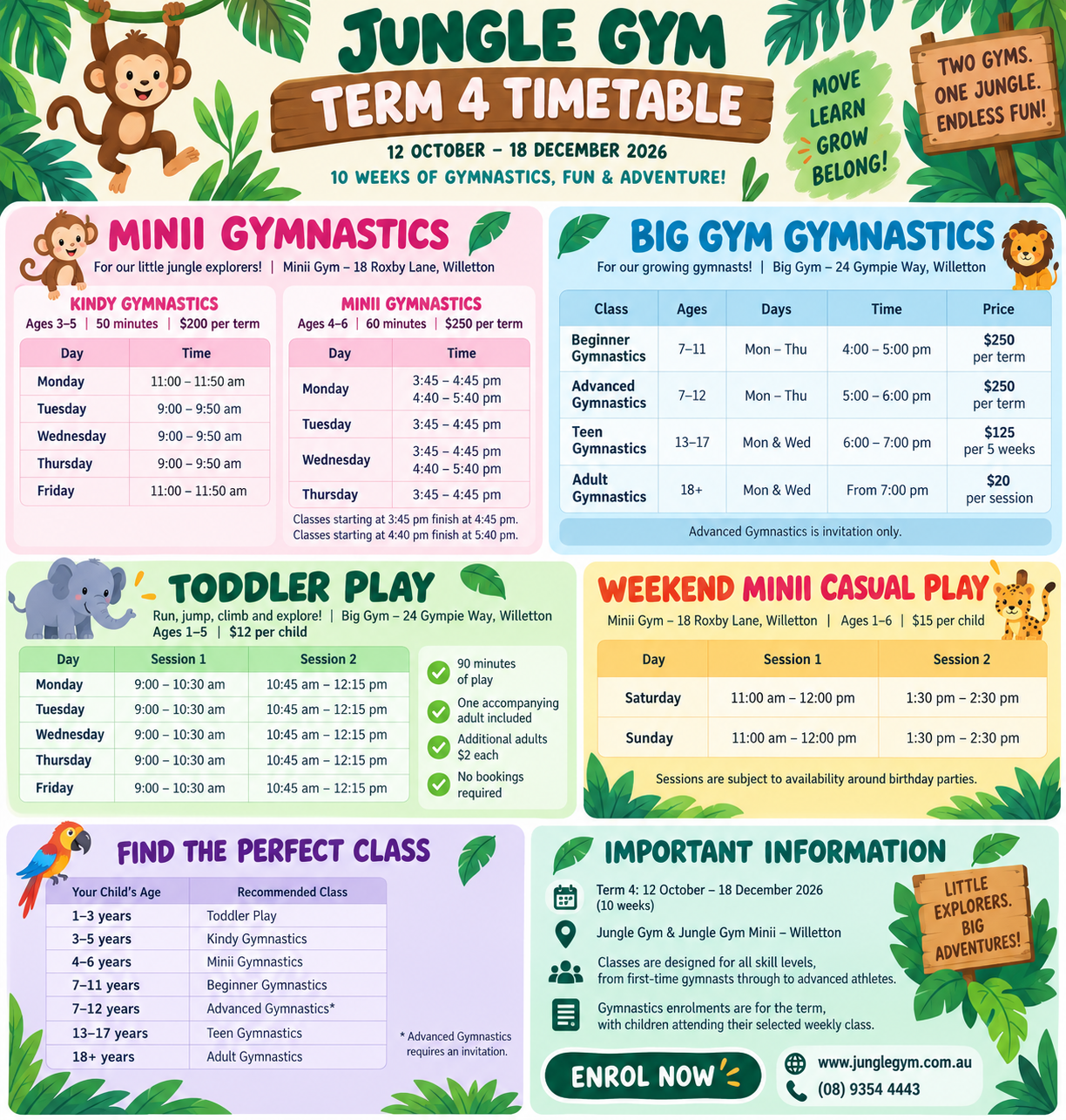Jungle Gym Term 4 2026 timetable, 12 October–18 December. Kindy and Minii Gymnastics, Big Gym classes, Toddler Play and weekend Minii Casual Play.